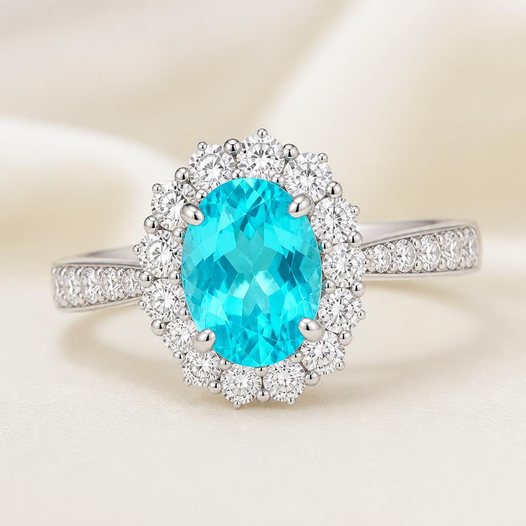 Paraíba tourmaline and diamond halo ring